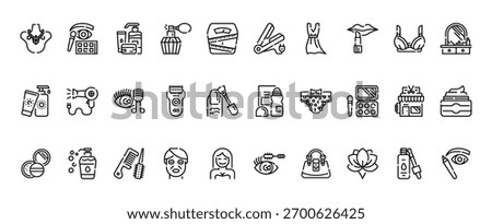 30 set of outline web beauty cosmetics icons such as eye shadow, straightener, suncream, deodorant, powder, mascara vector thin icons for report, presentation, diagram, web design, mobile app