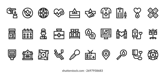 30 conjunto de delinear web ícones de doação de sangue, como sem drogas, doação de sangue, medicina, bate-papo, exame de sangue, id card vetor ícones finos para relatório, apresentação, diagrama, web design, aplicativo móvel