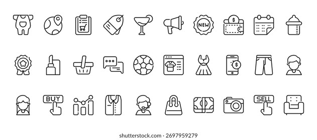 30 conjunto de iconos de comercio electrónico de Bufilot de Web de contorno como distribución, megáfono, calidad, Sitio web, cliente, Vector de bolso de compras delgados iconos para informe, presentación, diagrama, Diseño web, App móvil