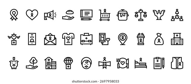 30 set of outline web charity icons such as charity, cart, aid, blood donation, piggy bank, certificate vector thin icons for report, presentation, diagram, web design, mobile app