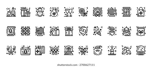 30 set of outline web christmas icons such as giftboxes, lollipop, greeting card, bauble, christmas decorations, christmas star vector thin icons for report, presentation, diagram, web design,