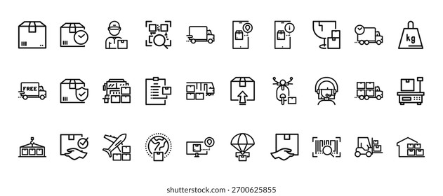 30 set of outline web delivery cargo icons such as delivery box, tracking, free shipping, this side up, crane, air balloon vector thin icons for report, presentation, diagram, web design, mobile app
