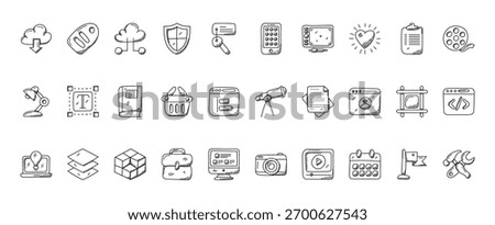30 set of outline web web design and development icons such as sale tag, mobile, desk lamp, telescope, seo and web, camera vector thin icons for report, presentation, diagram, design, mobile app