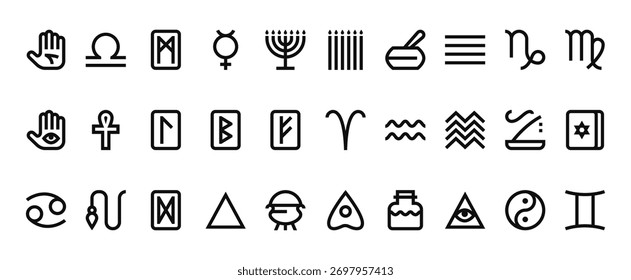 30 conjunto de esboço web ícones esotéricos como libra, velas, iluminati, ares, câncer, vetor de placa de espírito ícones finos para relatório, apresentação, diagrama, web design, aplicativo móvel
