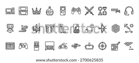 30 set of outline web gaming icons such as handheld console, gamepad, robot,  , chest, game vector thin icons for report, presentation, diagram, web design, mobile app