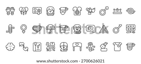 30 set of outline web gender identity icons such as parade, genderless, spectrum, ftm, brain, manifestation vector thin icons for report, presentation, diagram, web design, mobile app