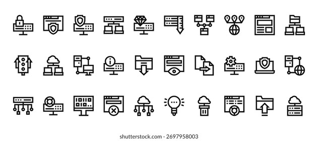 30 conjunto de ícones de hospedagem web de tópicos tais como navegador, servidor, semáforo, monitoramento, servidor, ideia de ícones finos vetoriais para relatório, apresentação, diagrama, web design, aplicativo móvel
