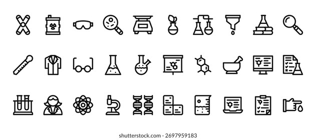 30 conjunto de iconos de laboratorio de Web de contorno tales como residuos, frasco, cuentagotas, fórmula, tubo de ensayo, Vector de tabla periódica delgados iconos para informe, presentación, diagrama, Diseño web, App móvil