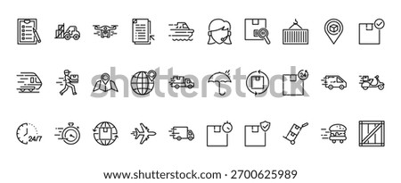 30 set of outline web logistics and shipping icons such as forklift, customer service, train, protection, hours delivery, punctual vector thin icons for report, presentation, diagram, web design,