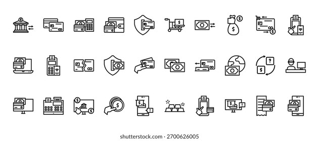 30 conjunto de esquemas de pago de Web e íconos bancarios como tarjeta de pago, pago en línea, pago en línea, dinero, lingotes de oro en línea Vector de iconos delgados para informe, presentación, diagrama, Diseño web, App móvil