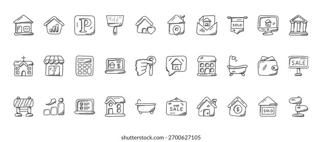 30 set of outline web real estate icons such as house value, home address, church, real estate, barrier, sale vector thin icons for report, presentation, diagram, web design, mobile app