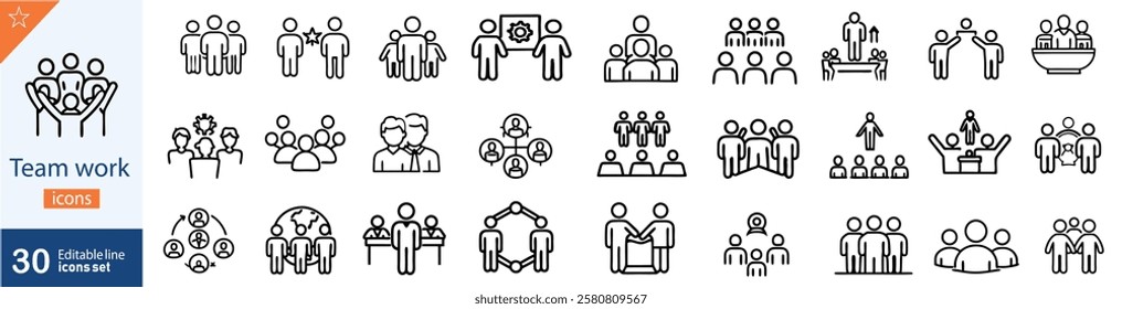 30 set of teamwork related line icons. Meeting, cooperation, together, support etc.  Linear bussines simple symbol collection. vector illustration. Editable stroke