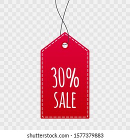 30% shopping tag for sale. Vector isolated icon on transparent background. Sign for label, price, best offer, advertisement