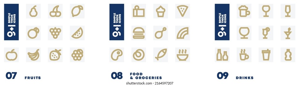 30 simple bold flat icon pack for fruits, food and groceries and drinks