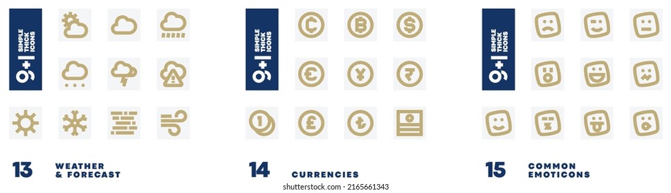 30 simple bold flat icon pack for weather forecast, currencies and emoticons