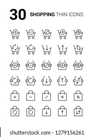30 Simple thin line icons set. Seamless shopping cart, basket and bag for web and mobile design