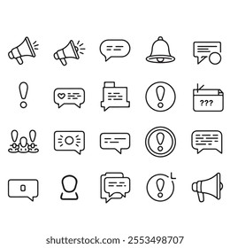 30 Sleek Outline Icons for Announcements and Communication – Megaphones, Speech Bubbles, Notifications and More – Clean Minimalist Design for Web and Print