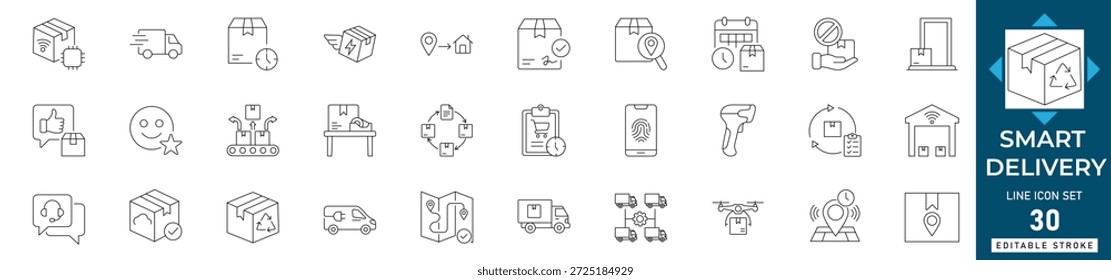30 iconos de línea de logística y entrega inteligente. Colección de envío autónomo de drones, entrega de robots, seguimiento móvil y símbolos de contorno de servicio de paquetes sin contacto.