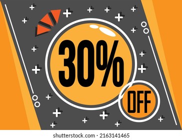 30% de oferta especial. 30% de descuento para tiendas web y virtuales. Vector en naranja y negro.