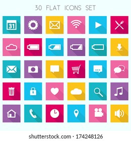 30 Square Flat Icons - Web, Mobile, App - vector EPS10 