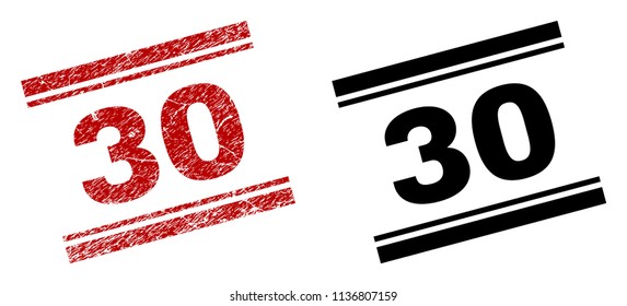 30 stamp seal print with red corroded and clean black version. Red vector rubber print of 30 title with corroded style. Tags are placed between double parallel lines.