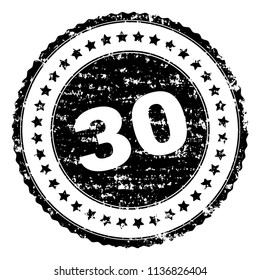 30 stamp seal watermark with distress style. Black vector rubber print of 30 caption with dust texture. Rubber seal imitation has circle shape and contains stars. svg