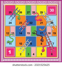 30 steps snakes and ladders board game with batik background is ready to print