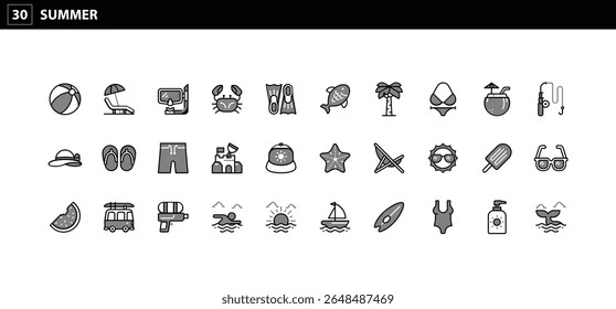 30 Summer Season Icons: Essential Visuals for Beach, Vacation, Travel, and Outdoor Activities