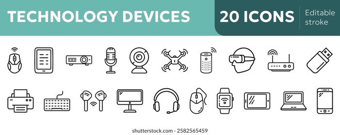 30+ technology device icons including smartphone, laptop, tablet, smartwatch, headphones, printer, keyboard, mouse, VR headset, drone, perfect for tech apps, websites and presentations