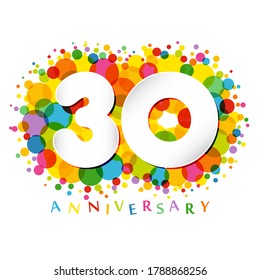 30 th anniversary numbers. 30 years old coloured congrats. Cute congratulation concept. Isolated abstract graphic design template. White digits. Up to 30%, -30% percent off discount. Decorative sign.