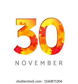 30 th of November calendar numbers. 30 years old autumn logotype. Anniversary digits with leaves. Isolated abstract graphic design template. White background. Up to 30% percent off creative discount.
