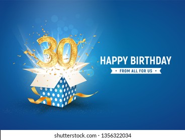 30 th years anniversary banner with open burst gift box. Template thirty birthday celebration and abstract text on blue background vector illustration