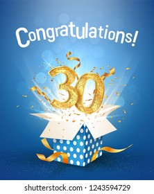 30 th years anniversary and open gift box with explosions confetti. Template thirty birthday celebration on blue background vector Illustration