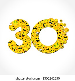 30 th years old congrats. Isolated yellow letter O logotype. Abstract web graphic symbol of 30 %. Vector label template design. Round shape digits, up to -30 % percent off. Discount business sign