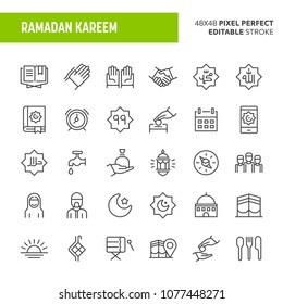 30 thin line icons associated with Ramadan. Symbols such as charity and other islamic and ramadan related objects are included in this set. 48x48 pixel perfect vector icon with editable stroke.