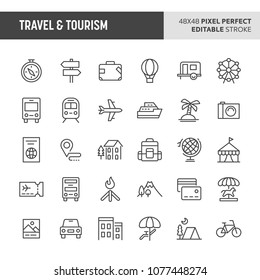 30 thin line icons associated with travel & tourism. Symbols such as accommodation, transportation and tourism sites are included in this set. 48x48 pixel perfect vector icon with editable stroke.