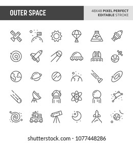 30 thin line icons associated with outer space. Symbols such as planets, galaxy, solar system & space transportation are included in this set. 48x48 pixel perfect vector icon with editable stroke.