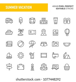30 thin line icons associated with summer vacation. Symbols such as beach related items are included in this set. 48x48 pixel perfect vector icon with editable stroke.