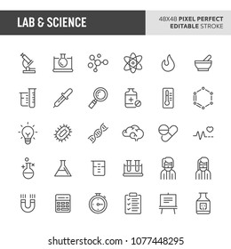 30 Thin Line Icons Associated With Lab And Science. Symbols Such As Laboratory Equipment, Research And Experiments Are Included In This Set. 48x48 Pixel Perfect Vector Icon With Editable Stroke.