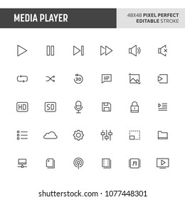 30 thin line icons associated with media player with various button used in video and audio player are included in this set. 48x48 pixel perfect vector icon with editable stroke.