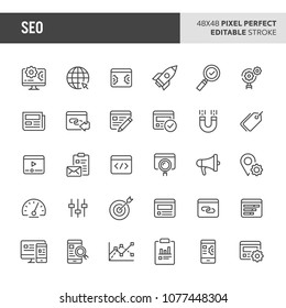 30 thin line icons associated with search engine optimisation (SEO). Symbols such as dashboard, statistic, analysis & strategy are included in set. 48x48 pixel perfect vector icon, editable stroke.