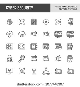 30 thin line icons associated with cyber security with fingerprint recognition, face ID, mobile, cloud & computer security are included in this set. 48x48 pixel perfect vector icon, editable vector.