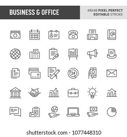 30 thin line icons associated with business & office. Symbols such as office, money & business related items (legal and document) are included in set. 48x48 pixel perfect vector icon, editable stroke.