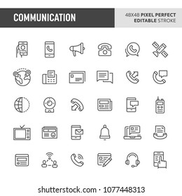 30 thin line icons associated with communication. Symbols such as verbal & written  communication, video call & correspondence are included in set. 48x48 pixel perfect vector icon, editable stroke.