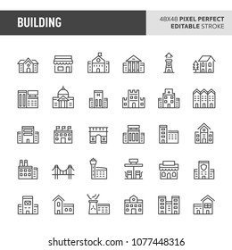 30 thin line icons associated with building & architecture. Symbols such as residential, commercial and public building are included in this set. 48x48 pixel perfect vector icon, editable stroke.