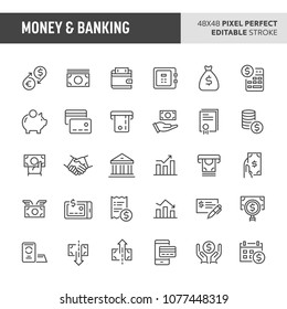 30 thin line icons associated with money and banking. Symbols such as money related items, banking and financial are included in this set. 48x48 pixel perfect vector icon with editable stroke.