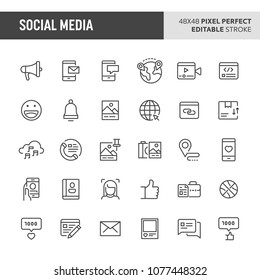 30 thin line icons associated with social media. Symbols such as community interaction, content-sharing and collaboration are included in this set. 48x48 pixel perfect vector icon, editable stroke.