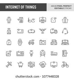 30 thin line icons associated with internet of things (IoT). Symbols such as network, devices, home appliances and vehicles are included in this set. 48x48 pixel perfect vector icon, editable stroke.