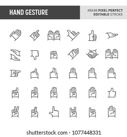 30 thin line icons associated with hand gestures. An action of fingers and thumb used to communicate messages. 48x48 pixel perfect icon with editable stroke.