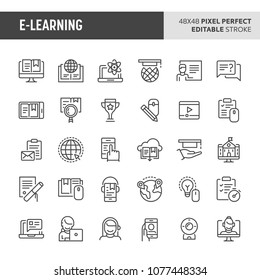 30 Thin Line Icons Associated With Online Learning & Training. Symbols Such As Course Program, Electronic Resources & Multimedia Equipment. 48x48 Pixel Perfect Vector Icon, Editable Stroke.